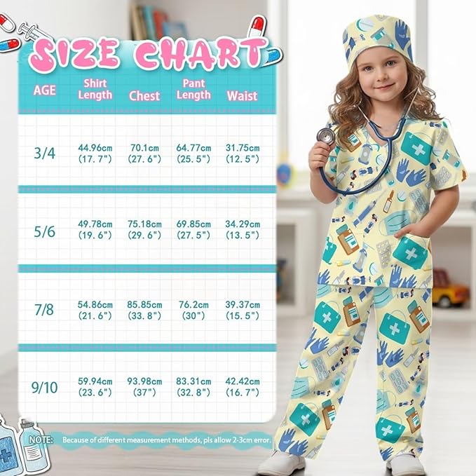 3 PCS Set Doctor Costume for Kids,Scrubs with Nurse Costume Kids Set,Girls Boys Doctor Career Day Costumes