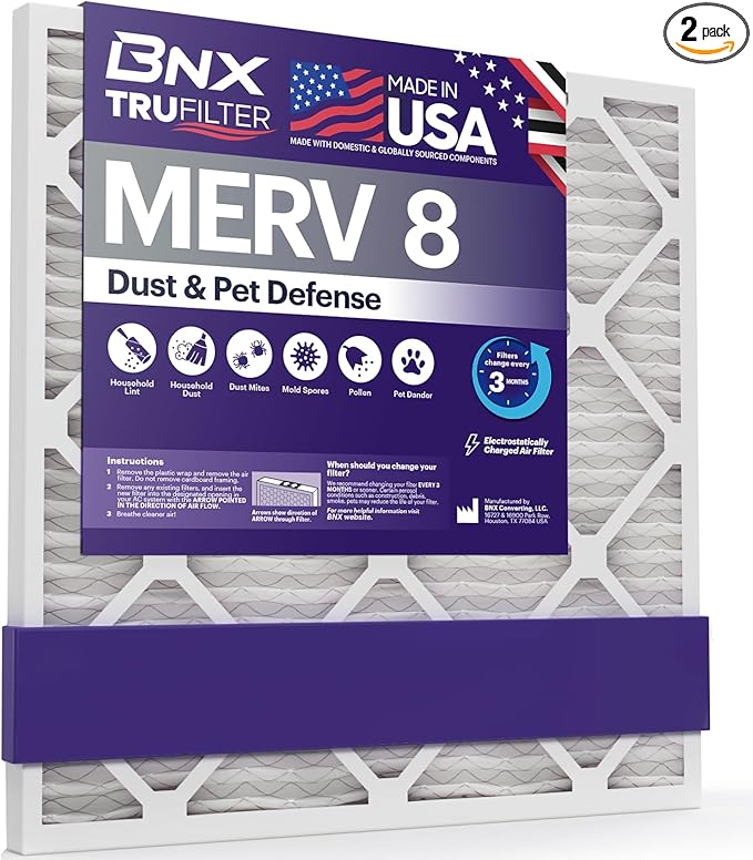 BNX TruFilter 14x25x1 MERV 8 Air Filter 2 Pack - MADE IN USA - Electrostatic Pleated Air Conditioner HVAC AC Furnace Filters - Removes Dust, Mold, Pollen, Lint