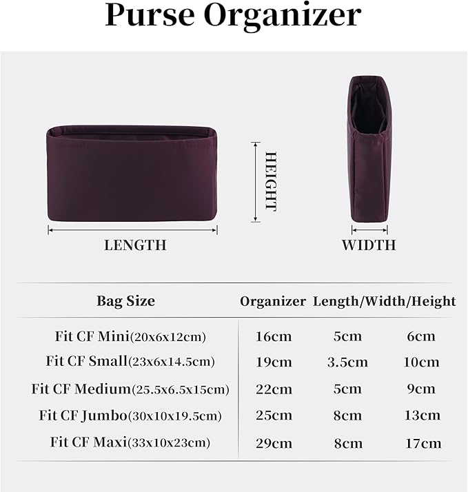 Organizer Insert With Silky Satin Compatible With Chanel Classic Flap Small 23, Lightweight Insert for Flap Bag (Cassis, CF Small)
