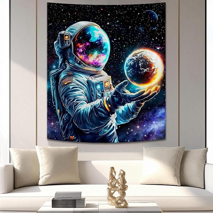 Apdidl Astronaut Space Decor Tapestry for Bedroom, Cool Posters Galaxy Planet Wall Hanging, Fantasy Outer Space Wall Tapestries Men, Funny Art Poster Aesthetic for Boys Guys Gamer Living Room 60" X 79"