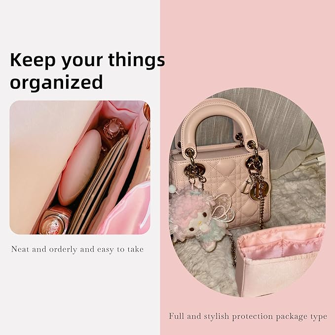 DGAZ Silk Purse Organizer Insert For Lady-Dior Micro/Mini/S/M/L bags,Silky Smooth Bag Organizer,Luxury Handbag & Tote Shaper(Pink,M)