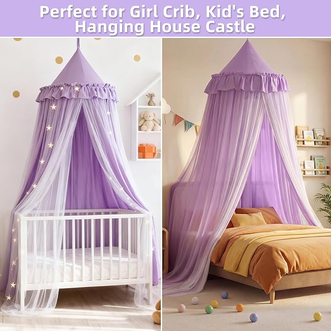 Bed Canopy with Star Lights, Double Layer Bed Canopy for Girls, Princess Canopy Bed Curtain for Twin Bed, Breathable Kids Dreamy Play Tent Castle Reading Nook, Machine Washable, 26''x125'' - Pruple