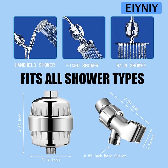 Universal Shower Filter, High Output with Replaceable 15-Stage Cartridge to Remove Chlorine & Impurities, Improve Water Quality for Skin & Hair Care, Chrome,with Bracket Holder (EY-009S)