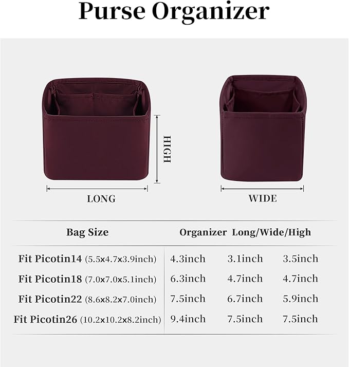 Purse Organizer Insert for Picotin 18/22, Satin Bag Organizer for Picotin Bags, Lightweight Purse Essentials for Women Luxury Handbags, Soft Touch Inner Liner with Multiple Pockets (Rouge H, PC18)