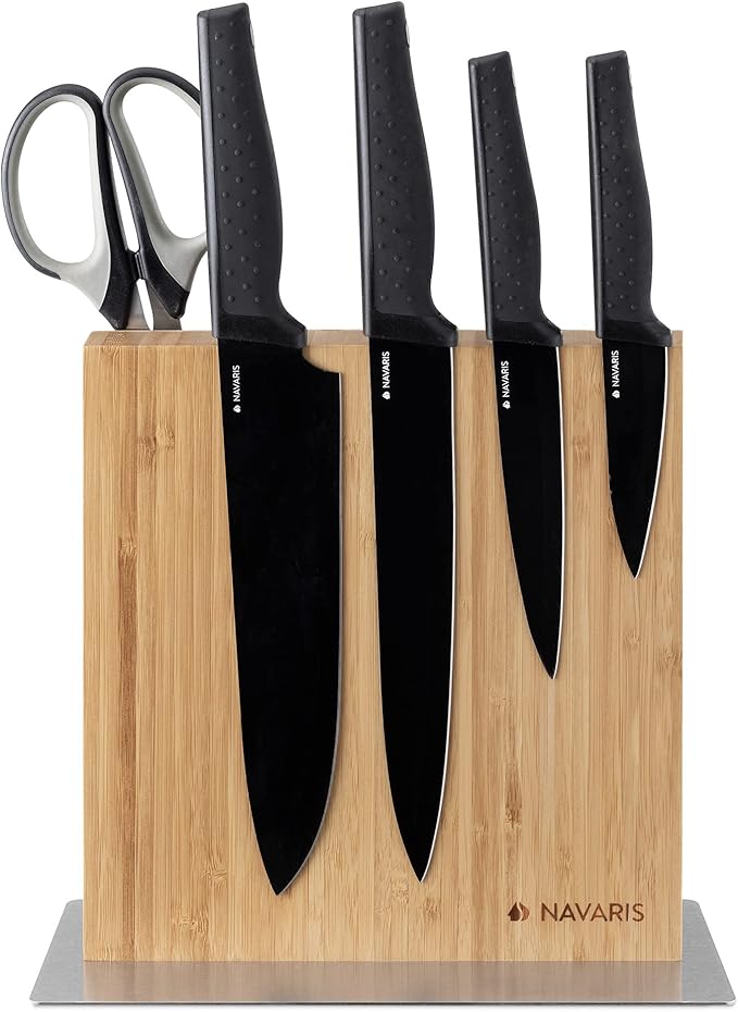 Navaris Magnetic Knife Block - Kitchen Storage with Strong Magnets for Knives & Utensils - Simple Modern Magnet Utensil Holder in Bamboo - 8.9" x 8.7"