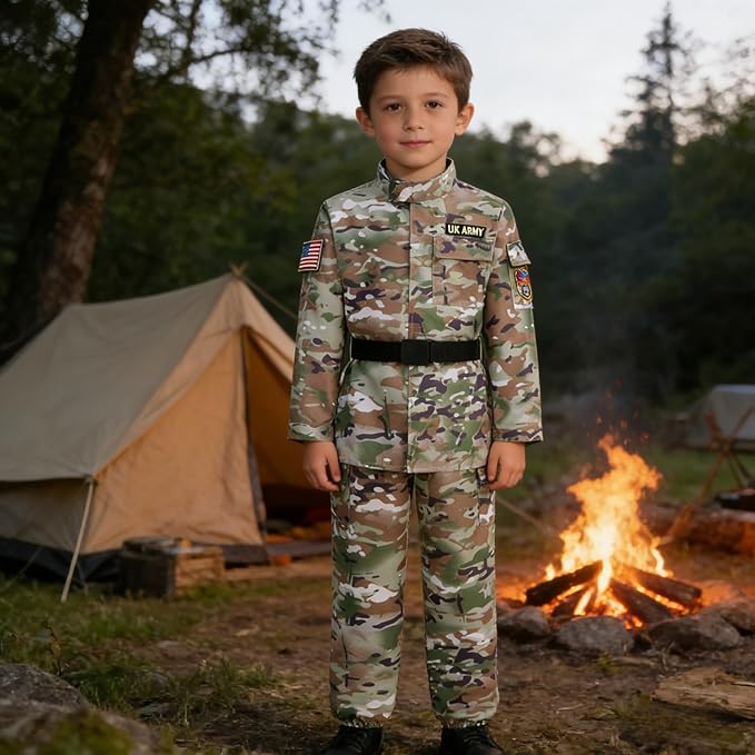 GRAJTCIN Kids Army Costume Long sleeve Halloween Party Military Soldier Dress Up Boys Costume for 4-14Y 11 PCS
