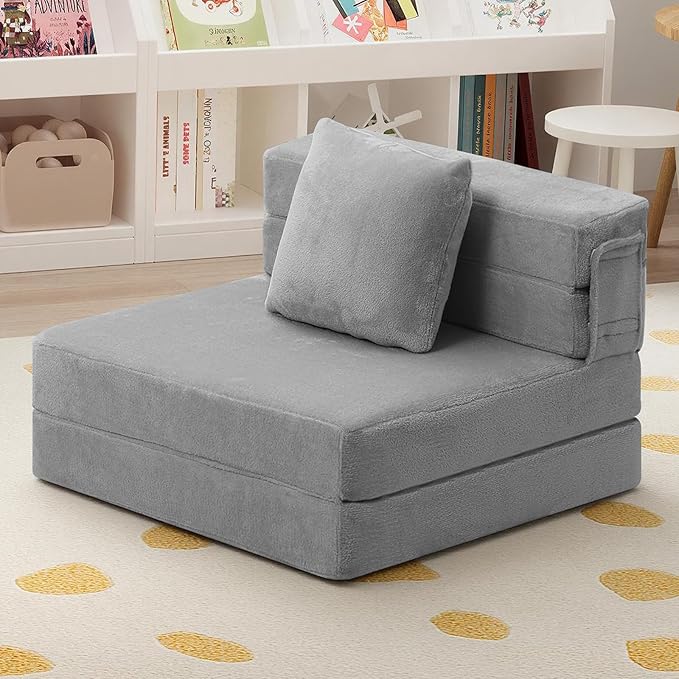 MeMoreCool Foldable Futon Chair Bed for Kids, Grey Tri-fold Convertible Toddler Sofa Mattress, Foam Floor Couch for Sitting