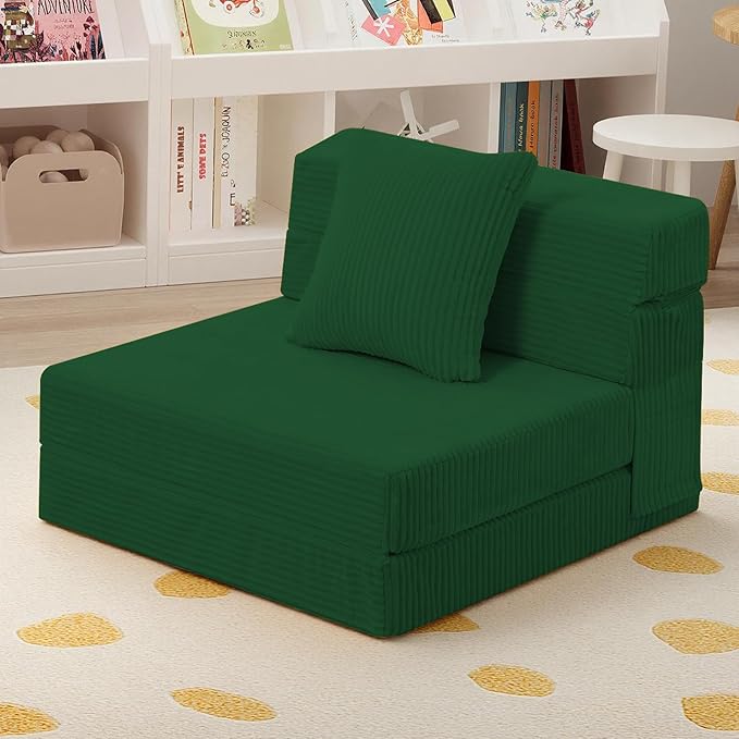 MeMoreCool Folding Sofa for Kids, Corduroy Fold Out Futon Chair, Small Foldable Floor Mattress, Portable Children Couch Sofa, Green