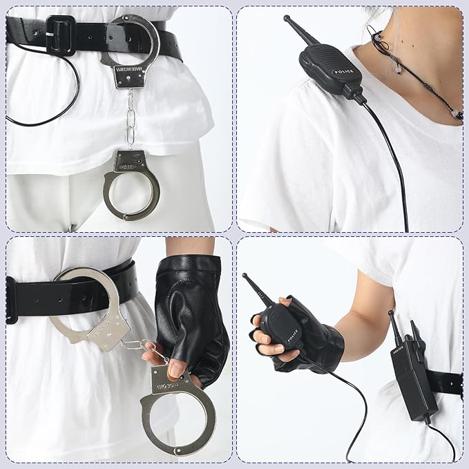 Mepase 7 Pcs Women Police Costume Accessories Women Police Officer Accessory Set Cop Costume with Baton Gloves Hat Belt and Walkie-talkie for Halloween