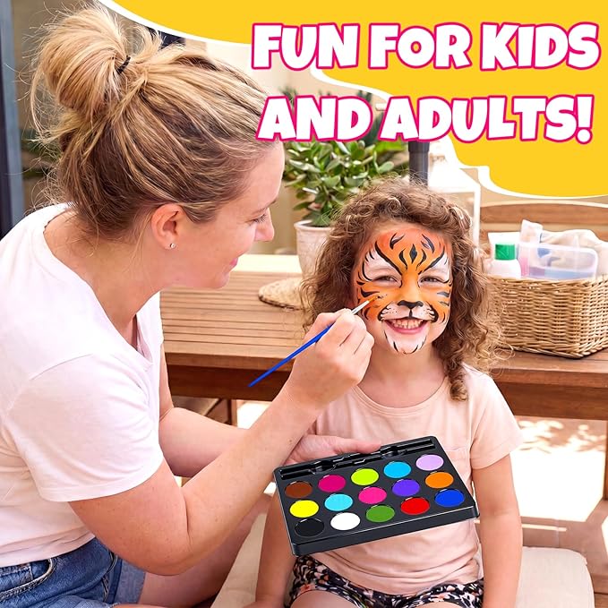 Face Painting Kit for Kids - 15 Colors Non-Toxic Water Based Face Paint with Stencils & Brushes - Parties, Birthdays, Halloween Face Body Makeup Kit