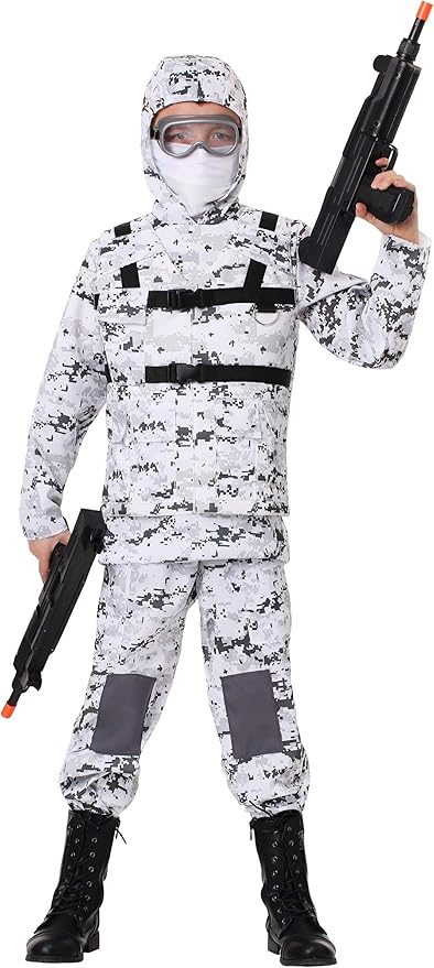 Kids Soldier Costume | Child White Snow Winter Camouflage Army Military Outfit and Accessories