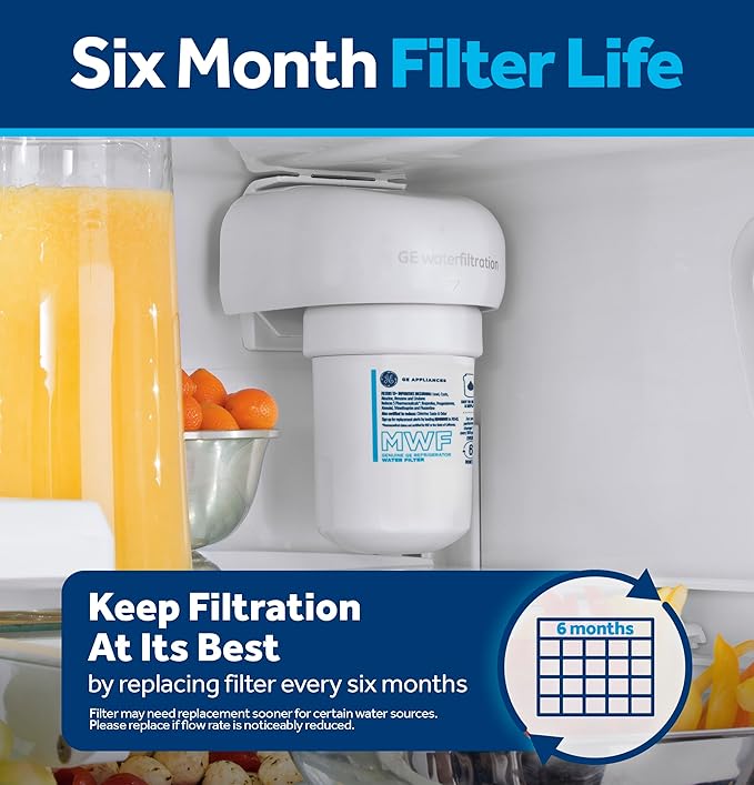 GE MWF Refrigerator Water Filter, Genuine Replacement Filter, Certified to Reduce Lead, Sulfur, and 50+ Other Impurities, Replace Every 6 Months for Best Results, Pack of 1