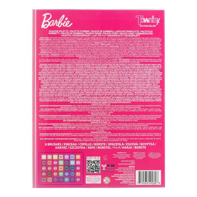 Barbie 35-Well Shadow Palette, Shimmery and Opaque Colors, Pigmented Blendable, 8 Application Brushes Ages 8+, by Townley Girl