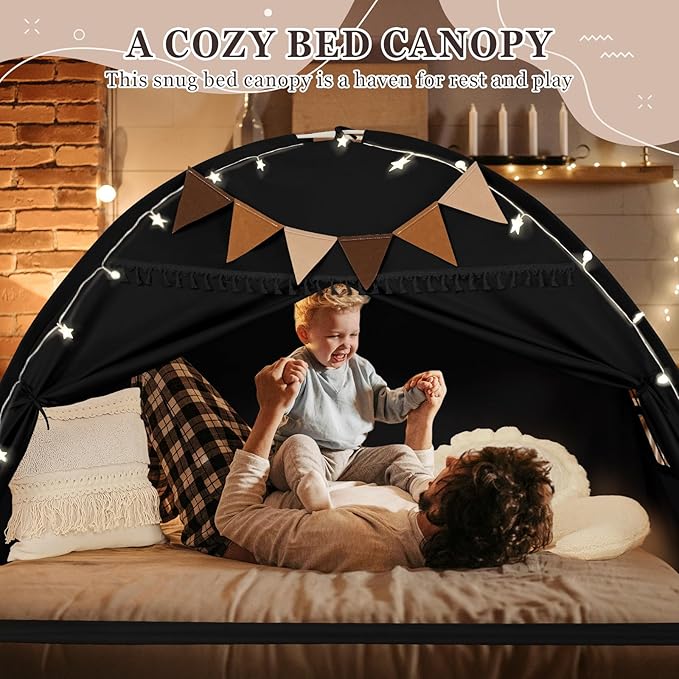 Full Size Bed Tent Canopy, Kids Play Tent with Flags & Star Lights, Canopy on Bed Privacy Space Sleeping Blackout Tents, Indoor Breathable Portable & Foldable, XL-Large Black Tassels Style