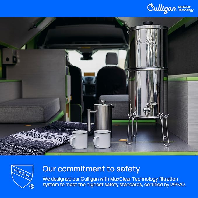 Culligan MaxClear 3 Gallon Gravity Water Filter System, Polished Stainless-Steel Countertop Water Filter NSF/ANSI Certified to Reduce Microplastics, Lead & Total PFAS, with 1 Ceramic Filter
