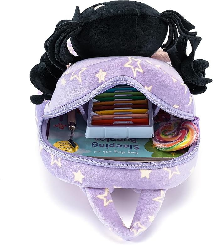 Gloveleya Toddler Backpacks Baby Girl Gifts Curly Hair Plush Figures Dress Backpack Kids Backpack Curly Hair Spring Girl - Black Head Purple Star 9inches