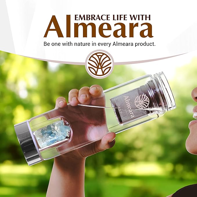 Almeara Crystal Water Bottle with Authentic Aquamarine Stones and Clear Quartz Removable Gemstones, Loose Leaf Tea Infuser - Relaxation, Healing & Spiritual Gifts for Women - Witchcraft Supplies