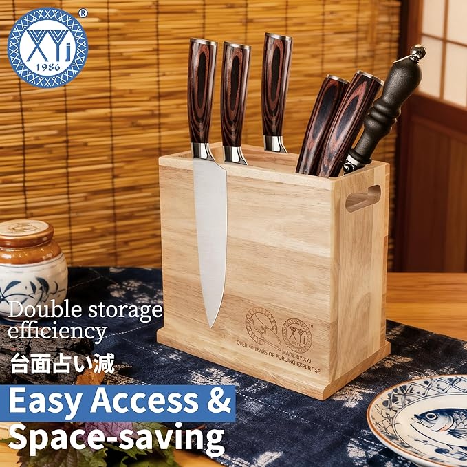 XYJ Magnetic Knife Block, Double Side Magnets, Natural Wood, Large Capacity Kitchen Storage for Knives and Utensils, Knife Holder Organizer Rack Tool without Knives