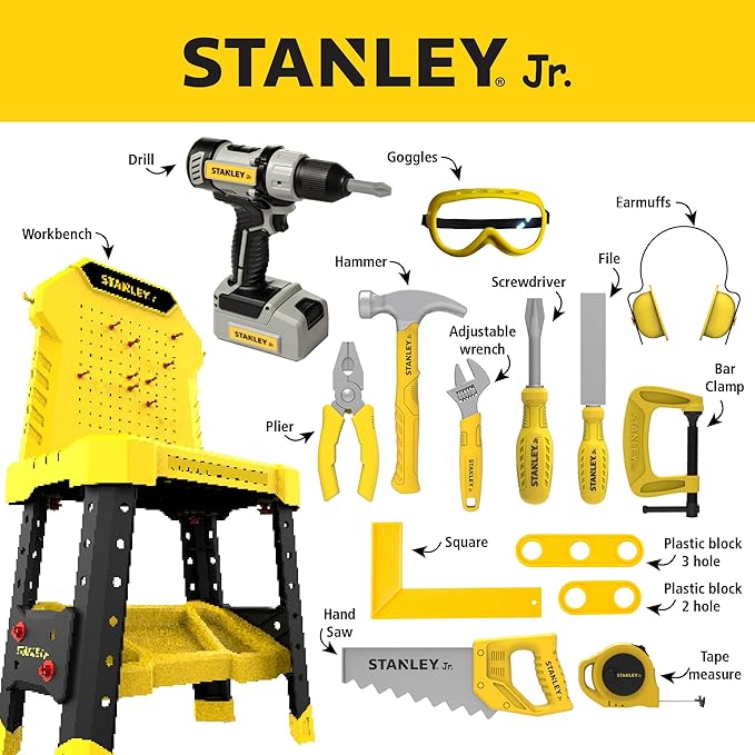 Stanley Jr. Pretend Play Kids Tool Bench with Toolset and Improved Power Drill 140 PCS Realistic DIY Workshop for Kids Ages 3+ Includes Ear Muffs Measuring Tape Tools & Accessories