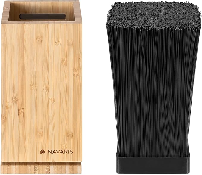 Navaris Bamboo Kitchen Knife Block - Magnetic Rotating Bristle Knife Holder - Universal Knife Block Storage Stand with Bristles - 9.8" x 4.9" x 4.9"