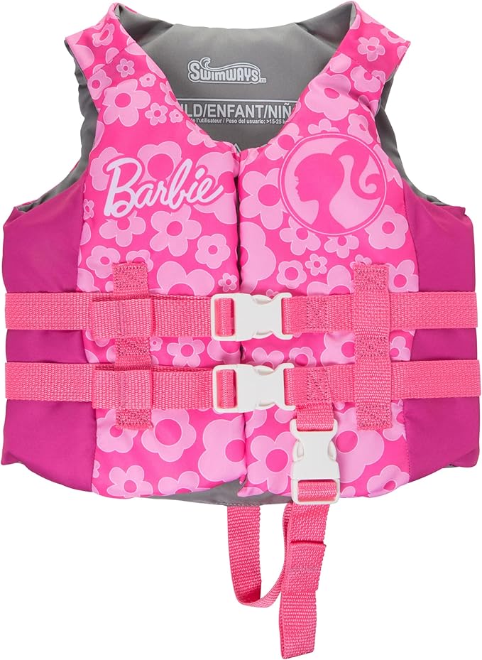 SwimWays Barbie Swim Trainer Life Jacket, US Coast Guard Approved Kids Swim Vest, Pool Floats & Life Jackets for Kids, 33-55 lbs