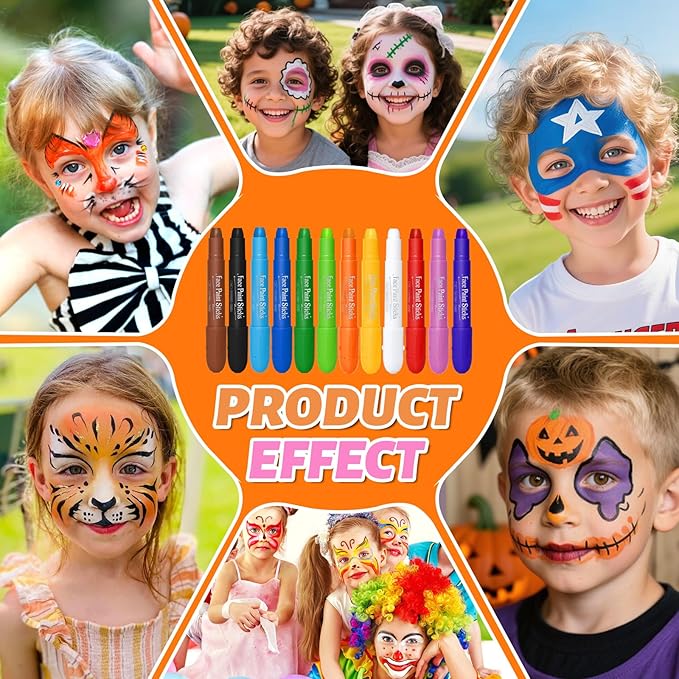 Face Painting Kit for Kids, 12Pcs XL Face and Body Paint Crayons| 12 Vibrant Colors Safe and Washable Face Paint Sticks for Adults Kids Party, Halloween Makeup, School Event, Cosplay
