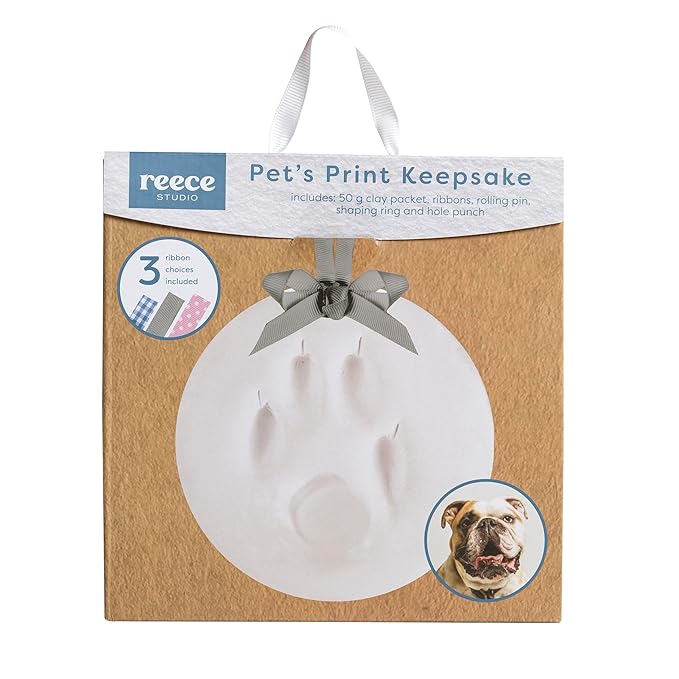 Reece Studio Pet's Pawprint Keepsake, DIY Clay Paw Print Imprint, For Dogs and Cats, Hanging Keepsake, Pet Owner Gift, With 3 Included Ribbons