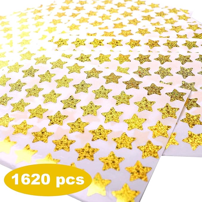 1620 Holographic Foil Small Gold Star Stickers for Kids Reward, Behavior Chart, Student Planner and School Classroom, 0.6" Diameter