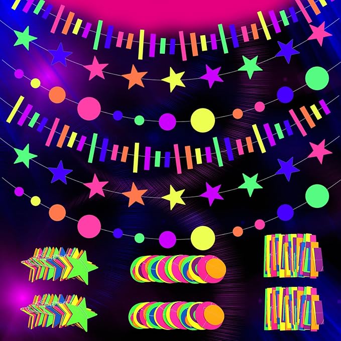 96ft UV Neon Paper Garland Round dot Star Rectangle kit Neon Decor Banners for Glow Party Supplies, UV Reactive Glow in The Dark Streamers for Birthday neon Party Decorations Black Party Supplies…