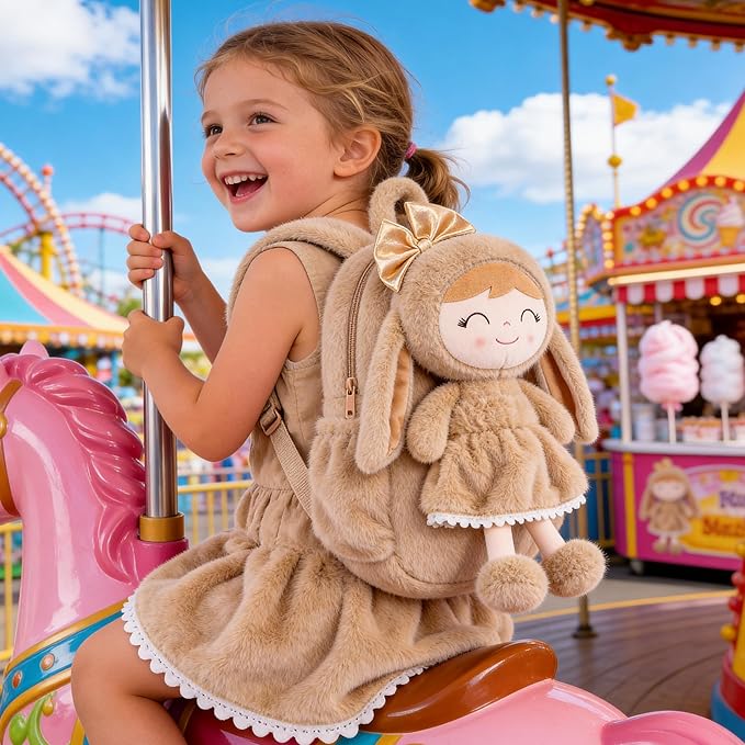Gloveleya Toddler Backpack with Soft Brown Rabbit 11 inches Detachable Design for Girl Age 2+