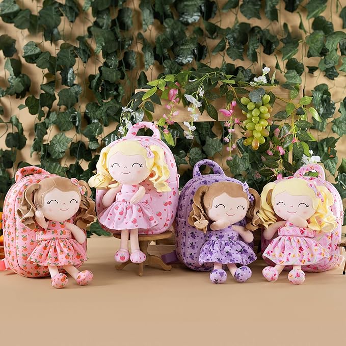 Gloveleya Toddler Backpack Baby Girl Gifts Curly Hair Plush Figures Dress Backpack Kids Backpack Curly Hair Spring Girl Fruit Section-Orange 9inches