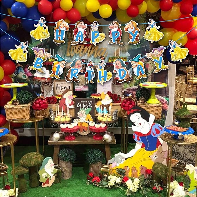 "Snow White and the Sevn Dwafs Happy Birthday Banner – Cartoon Princess Theme Birthday Party Decoration – Colorful Fairy Tale Banner for Girls Birthday Party, Photo Booth,Party Backdrop Décor"