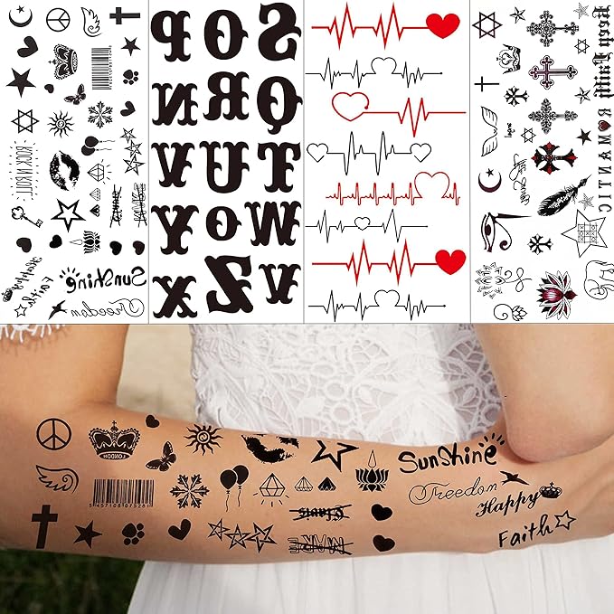 18 Sheets Black Inspired Quotes Temporary Tattoos For Women Kids Children Long Lasting Letter Alphabet Words Fake Tattoo Stickers Birds Cross ECG infinity Moon Star Neck Arm Tatoo For Men Adult