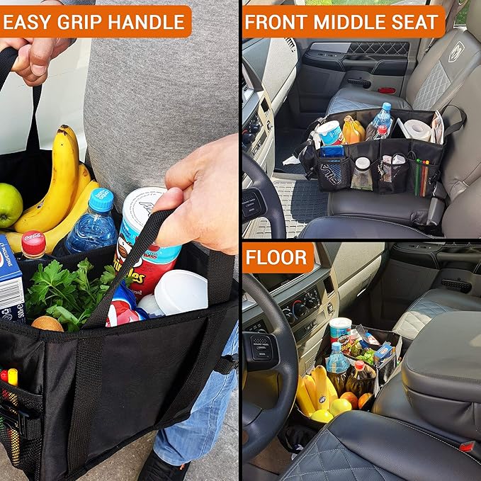 Easy-to-Reach Kids Car Organizer with Tissue Box and Cup Holder for Back Seat, Front Seat, Between Seats, Floor - Tote Car Storage Organization for Toddlers - Kids Road Trip Travel Essentials (Grey)