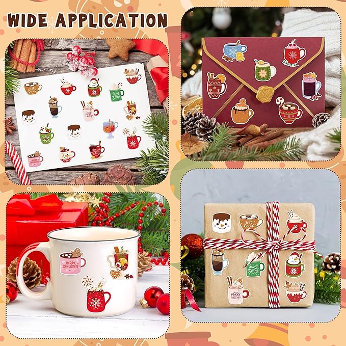 CNhoqc Christmas Cocoa Sticker Rolls - 2000Pcs Winter Hot Cocoa Mug Marshmallow Waterproof Vinyl Decal Reusable Laptop Sticker Scrapbook Water Bottle Junk Journal Party Supplies Skateboard Travel Case