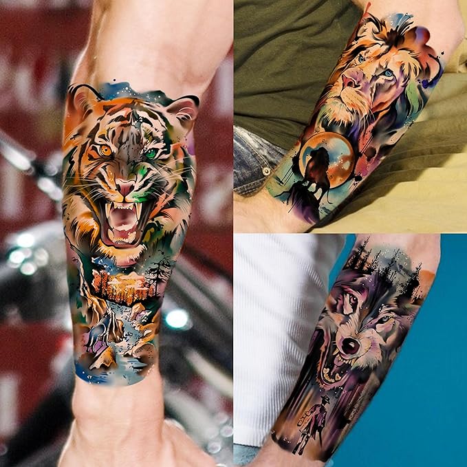 66 Sheets Watercolor Temporary Tattoos For Men Women Forearm Shoulder Legs Body Arm, 12 Sheets Long Lasting Lion Tiger Wolf Dragon Ealge Fake Tattoo Sleeve Adults, 54 Sheets Groovy Small Tatoos Kids