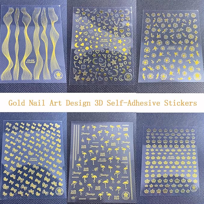 Gold Nail Art Stickers Decals, 3D Self-Adhesive Nail Glitter Design- Flowers Leaf Bow Crown Stars Moon Heart Chains Nail Art Decoration Holographic Nails Supplies for Women Girls Manicure(6 Sheets)