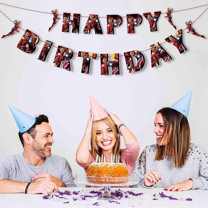 Irn Man Happy Birthday Banner – Action Hero Armor Theme Birthday Decoration Banner for Indoor Party Setup, Wall Hanging Display, Dessert Table Background, Photo Booth Backdrop.