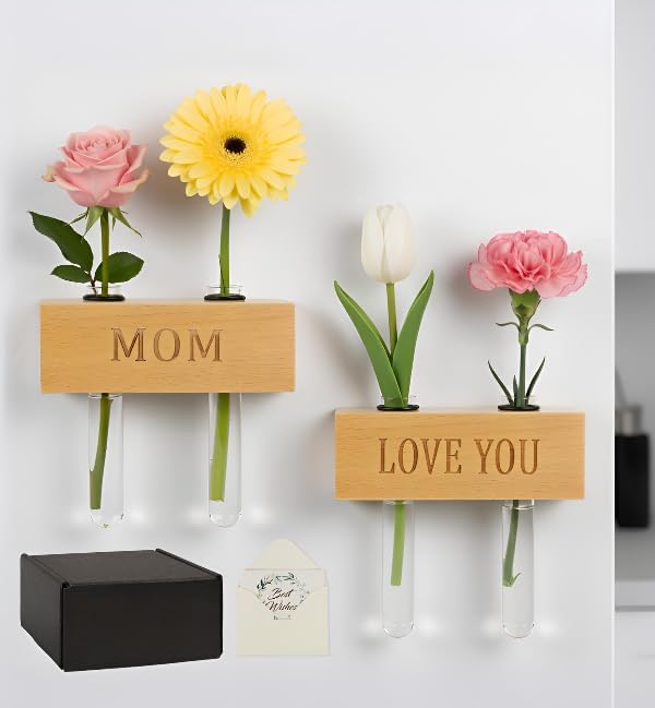 Mini Magnetic Wooden Vases with Love You Engraving - Wood Blocks with Test Tubes, Tabletop & Fridge Decor, Mom Gifts from Daughter, Unique Birthday Gifts for Mom from Son(Oak)