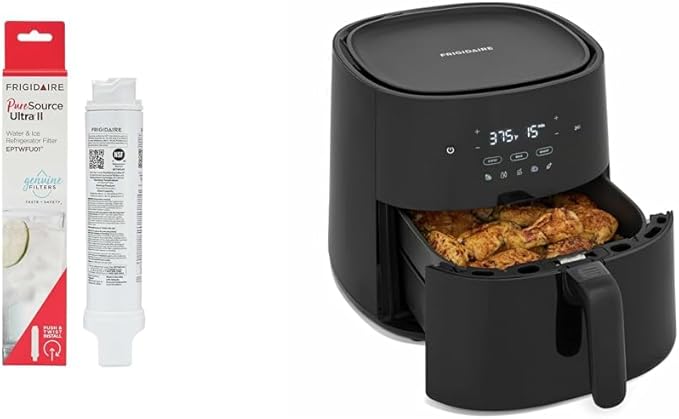 Bundle of Frigidaire EPTWFU01 Water Filtration Filter, 1 Count, White + Frigidaire 3 in 1 Air Fryer - 5.3 Qt Capacity - 5 Preprogrammed Recipes, Black