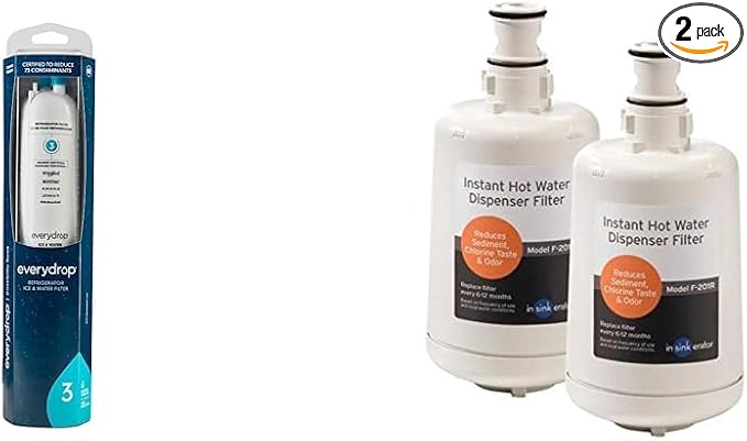 everydrop by Whirlpool Ice and Water Refrigerator Filter 3, EDR3RXD1, Single-Pack & InSinkErator F-201R Replacment Water Filter Cartridges, 2 Count (Pack of 1), White, 2 Pack