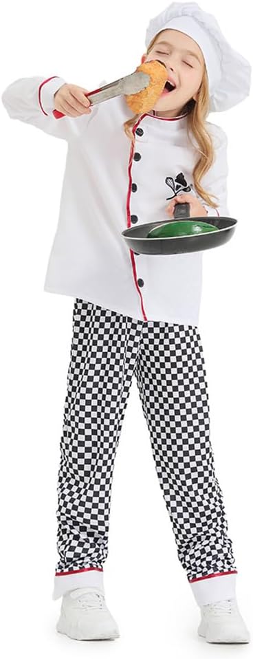ODOLDI Kids Chef Costume - Boys Girls Coat, Pants, and Hat - 3PCS Toddler Dress Up Outfits