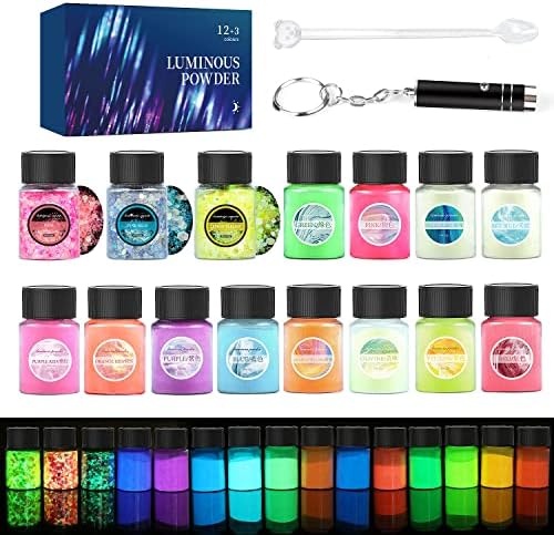 Glow in The Dark Pigment Powder 15 Jar -12 Color Glow Pigment and 3 Color Luminous Flake with UV Lamp - Epoxy Resin Luminous Powder for Slime Kit,Skin, Nail Safe Long Lasting Self Glowing Dye for DIY…
