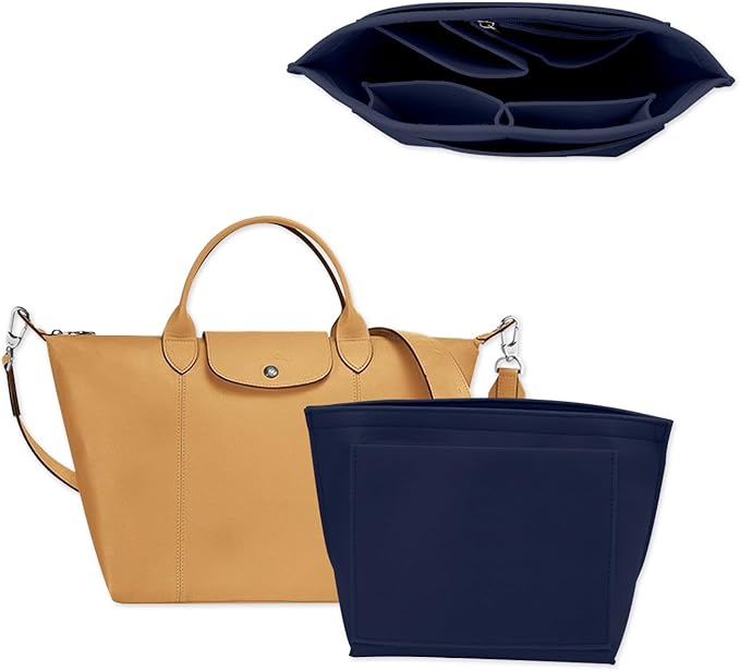 Chispee Handbag Organizers for Longchamp Felt Purse Divider Organizer Insert Pocket & Zipper Inner Bag Liner fit Small, Navy Blue
