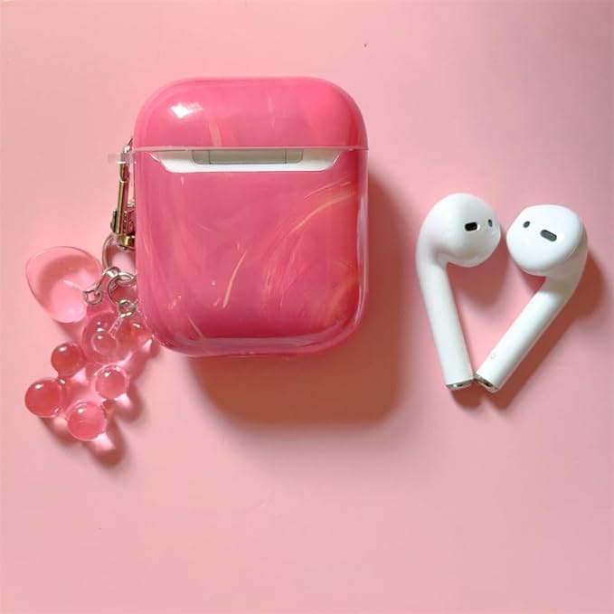 Silicone Case for AirPods 1st/2nd Generation;Women's Pink Marble Shock-Resistant Cover with 3D Heart Design, Adjustable Neck Strap & Keychain, Travel-Friendly Protective Case for Girls Women