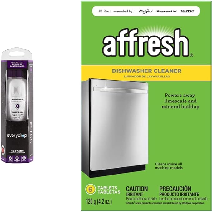everydrop by Whirlpool Ice and Water Refrigerator Filter 1, EDR1RXD1, Single-Pack, Purple & Affresh Dishwasher Cleaner, Helps Remove Limescale and Odor-Causing Residue, 6 Tablets