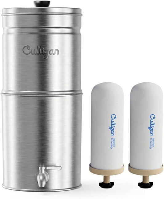 Culligan MaxClear 2.25 Gallon Gravity Water Filter System, Brushed Stainless-Steel Countertop Water Filter NSF/ANSI Certified to Reduce Microplastics, Lead & Total PFAS, with 2 Ceramic Filters
