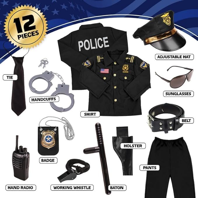 Kangaroo Police Costume for Kids – 12 Pc Black Cop Outfit with Hat, Badge, Handcuffs, Holster & More
