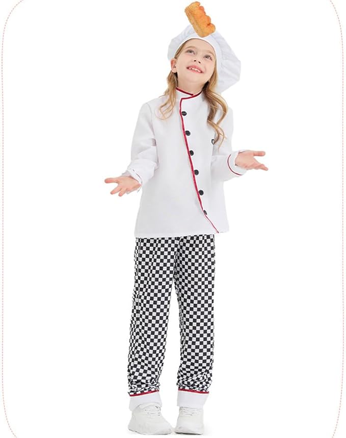 ODOLDI Kids Chef Costume - Boys Girls Coat, Pants, and Hat - 3PCS Toddler Dress Up Outfits