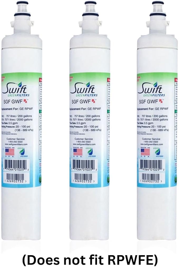 Swift Green Filters SGF-GWF Rx Compatible Refrigerator Water Filter for GWF, RPWF(Does not Fit in RPWFE), WSG-4,PFE29P, Made in USA (3 Pack)